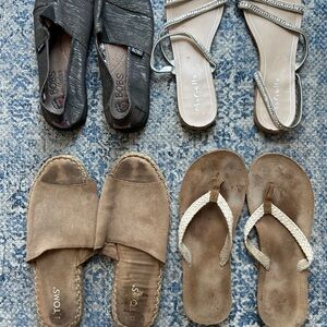 Toms Brown slides. Bibs black/silver espidrills. Reed flip flops. Silver sandals